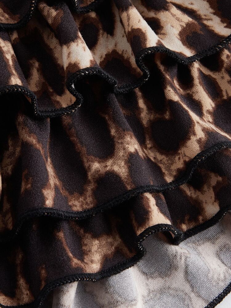 ROMWE Grunge Punk Y2K Gyaru Leopard Print High-Low Layered Ruffle Hem Low Rise Mini Shorts, School - Multicolor - View 5