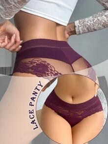 Seduluxe 1pc Women Sexy Contrast Lace Sheer Brief Lingerie - Purple - View 2