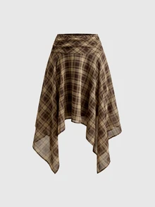 Sweetness Women's Retro Asymmetrical Hem Plaid Print Skirt, Midriff-Baring Collegiate Style - Brown - View 3
