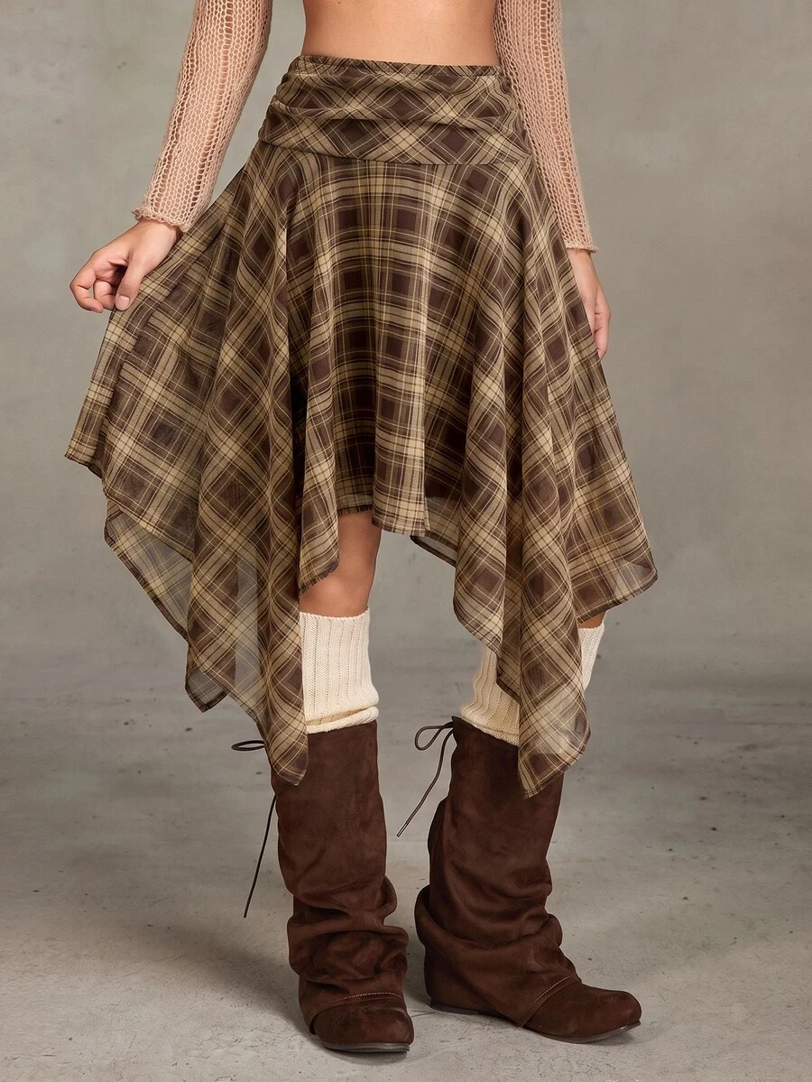 Sweetness Women's Retro Asymmetrical Hem Plaid Print Skirt, Midriff-Baring Collegiate Style - Brown - View 1