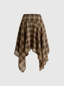 Sweetness Women's Retro Asymmetrical Hem Plaid Print Skirt, Midriff-Baring Collegiate Style - Brown - View 2