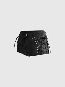 ROMWE Grunge Punk Pantalones cortos de cuero de cintura súper baja con diseño de cordones y remaches de estilo punk - Negro - Ver 2