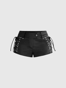 ROMWE Grunge Punk Pantalones cortos de cuero de cintura súper baja con diseño de cordones y remaches de estilo punk - Negro - Ver 4