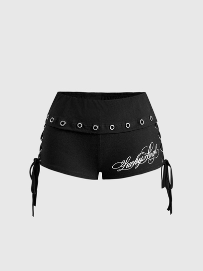 Grunge Punk Summer Punk Metal Eyelet Slogan Print Fold-Over Waist Tie-Up Design Tight Super Low-Rise Mini Shorts