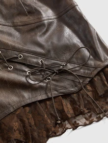ROMWE Hippie Country Spring/Summer Vintage Washed PU Leather Contrast Lace Tie-Up Waist Women Skirt - Coffee Brown - View 5