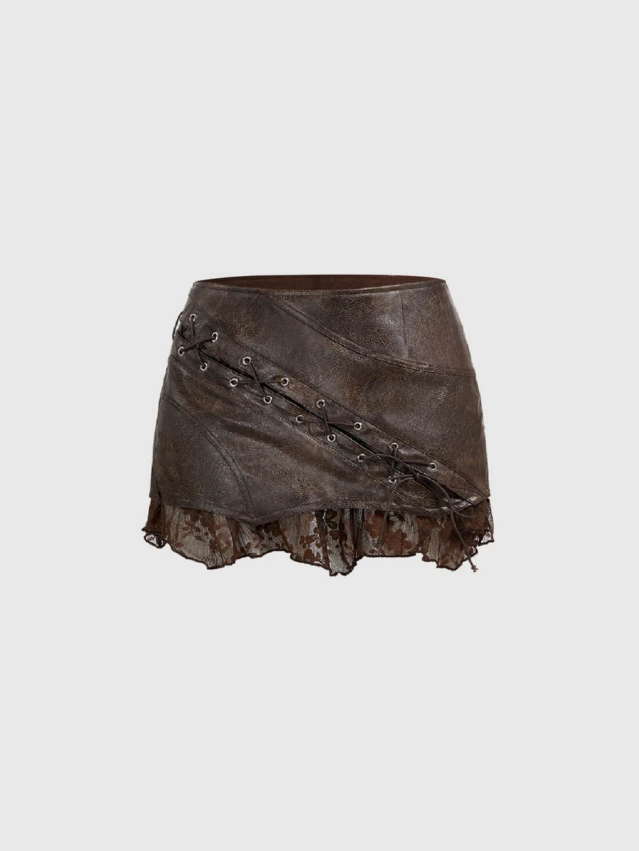 ROMWE Hippie Country Spring/Summer Vintage Washed PU Leather Contrast Lace Tie-Up Waist Women Skirt - Coffee Brown - View 1