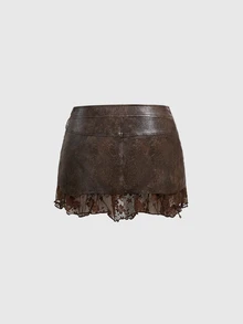 ROMWE Hippie Country Spring/Summer Vintage Washed PU Leather Contrast Lace Tie-Up Waist Women Skirt - Coffee Brown - View 2