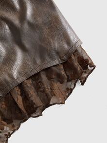 ROMWE Hippie Country Spring/Summer Vintage Washed PU Leather Contrast Lace Tie-Up Waist Women Skirt - Coffee Brown - View 4