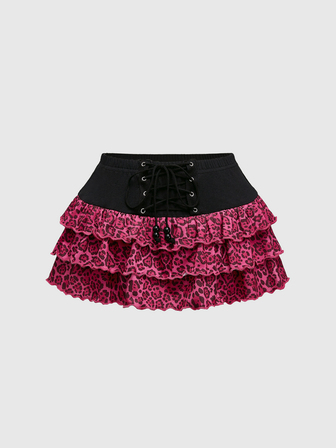 Spring/Summer Vintage Y2K Hot Pink Leopard Print Layered Ruffle Drawstring Waist Skirt