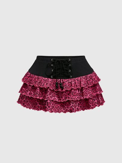 Gonna vintage con vita arricciata e laccetti, stampa leopardata rosa accesso in stile Y2K
