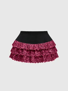ROMWE Spring/Summer Vintage Y2K Hot Pink Leopard Print Layered Ruffle Drawstring Waist Skirt - Hot Pink - View 2