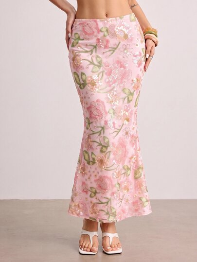 ROMWE Avant Damen Vintage Urlaubsstil Rosa 3D Blumen Pailletten Bestickter Meerjungfrau Schnitt Sexy Rock