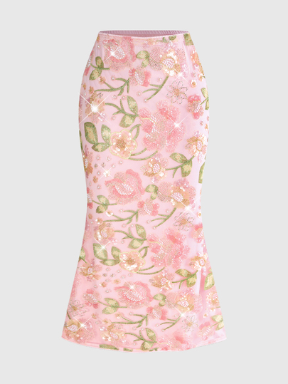 ROMWE Avant Gonna da donna stile vintage da vacanza rosa con fiori 3D ricamati con paillettes, vestibilità a sirena, sexy