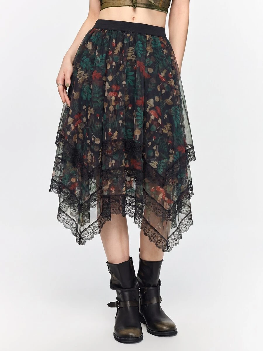 Inna Moreva Fairycore Mushroom Print Contrast Lace Asymmetrical Hem Mesh Skirt - Multicolor - View 1