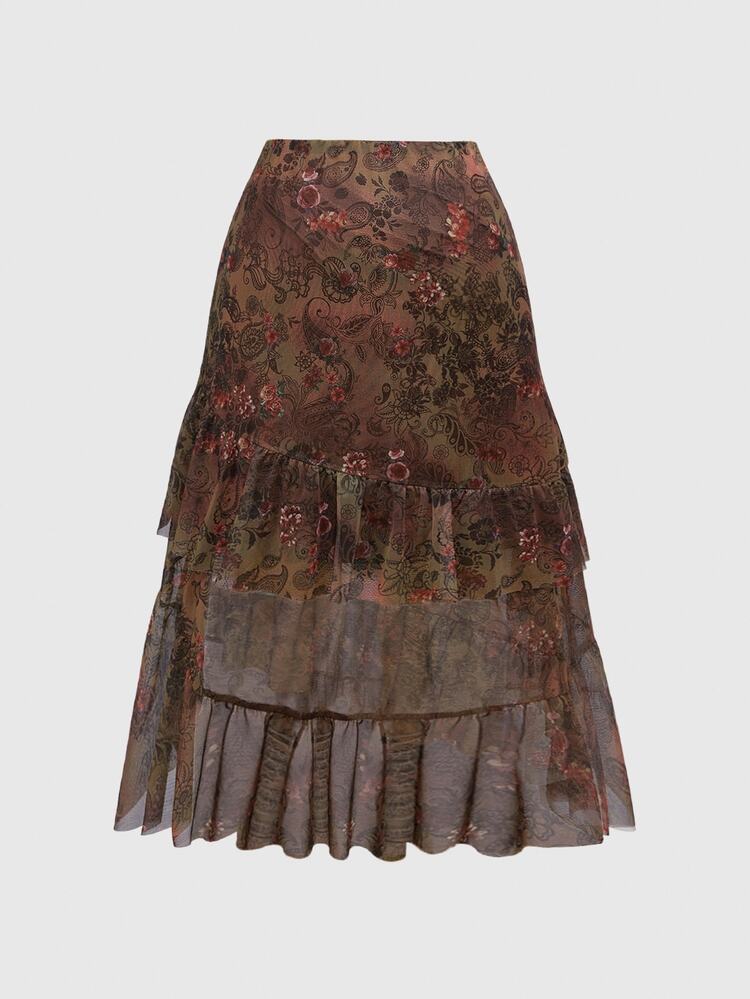 ROMWE Hippie Spring/Summer Boho Paisley Print Ruffle Hem Layered Women Skirt - Brown - View 2