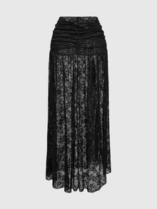 ROMWE Spring/Summer Carnival Party Casual Black Vintage Gothic Lace Twist Design Side Slit Skirt - Black - View 2