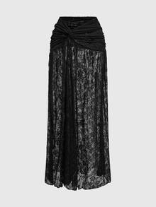 ROMWE Spring/Summer Carnival Party Casual Black Vintage Gothic Lace Twist Design Side Slit Skirt - Black - View 3