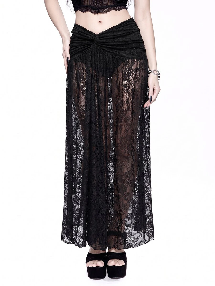 ROMWE Spring/Summer Carnival Party Casual Black Vintage Gothic Lace Twist Design Side Slit Skirt - Black - View 1