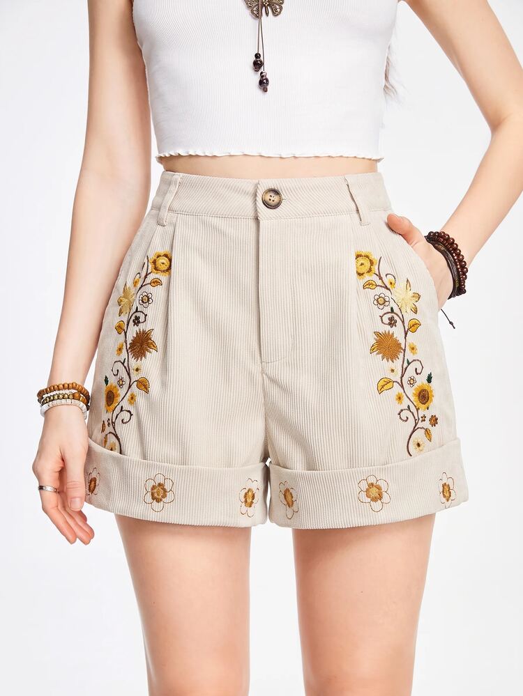 ROMWE Hippie Women's Vacation Casual Floral Embroidery Frayed Edge Shorts - Apricot - View 1