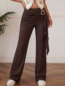 SHEIN MOD Women's Dark Brown Knit Textured Metal Button Decor Pleated Straight Leg Pants Brunch Date Picnic Fall Elegant Boho - Coffee Brown - View 4