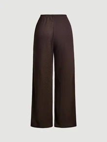 SHEIN MOD Women's Dark Brown Knit Textured Metal Button Decor Pleated Straight Leg Pants Brunch Date Picnic Fall Elegant Boho - Coffee Brown - View 7