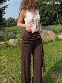 SHEIN MOD Women's Dark Brown Knit Textured Metal Button Decor Pleated Straight Leg Pants Brunch Date Picnic Fall Elegant Boho - Coffee Brown - View 1