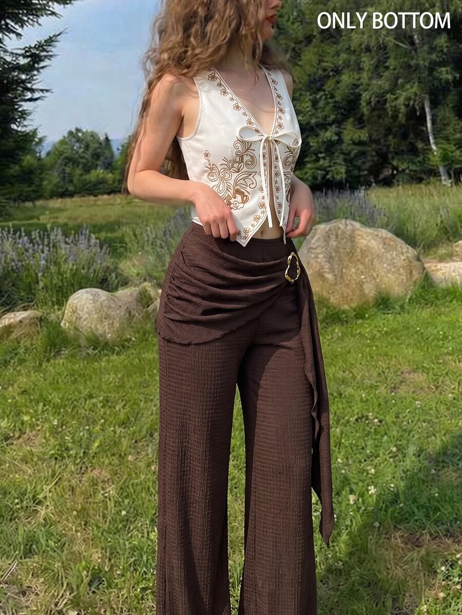 SHEIN MOD Women's Dark Brown Knit Textured Metal Button Decor Pleated Straight Leg Pants Brunch Date Picnic Fall Elegant Boho - Coffee Brown - View 1