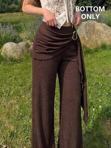 SHEIN MOD Women's Dark Brown Knit Textured Metal Button Decor Pleated Straight Leg Pants Brunch Date Picnic Fall Elegant Boho - Coffee Brown - View 9