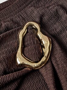 SHEIN MOD Women's Dark Brown Knit Textured Metal Button Decor Pleated Straight Leg Pants Brunch Date Picnic Fall Elegant Boho - Coffee Brown - View 3