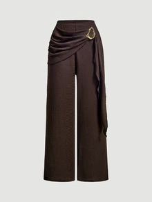 SHEIN MOD Women's Dark Brown Knit Textured Metal Button Decor Pleated Straight Leg Pants Brunch Date Picnic Fall Elegant Boho - Coffee Brown - View 2