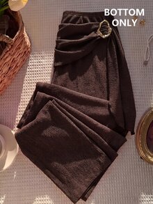 SHEIN MOD Women's Dark Brown Knit Textured Metal Button Decor Pleated Straight Leg Pants Brunch Date Picnic Fall Elegant Boho - Coffee Brown - View 5