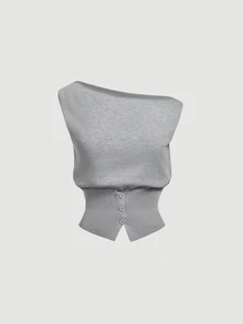 SHEIN MOD Women Plain Boat Neck Sleeveless Short Gray Cute Casual Y2K 2 Pieces Shorts Set For Going Out Vacation Birthday Party Fall - Grey - View 5