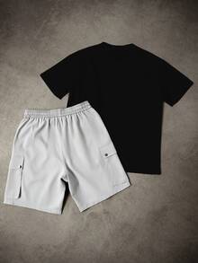 Manfinity Homme Men's Contrast Color Pocket Short Sleeve T-Shirt And Cargo Shorts Set - Multicolor - View 2