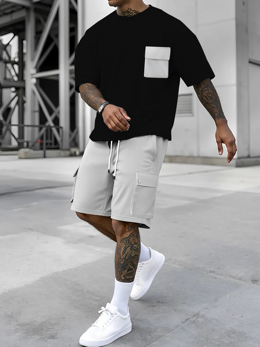 Manfinity Homme Men's Contrast Color Pocket Short Sleeve T-Shirt And Cargo Shorts Set - Multicolor - View 1