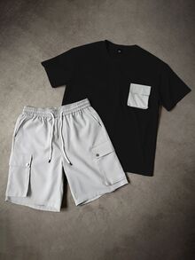 Manfinity Homme Men's Contrast Color Pocket Short Sleeve T-Shirt And Cargo Shorts Set - Multicolor - View 6