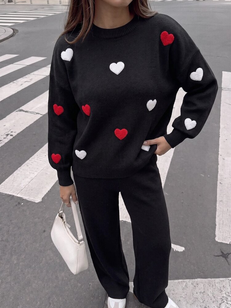 SHEIN Heart Pattern Knit Sweater & Wide-Leg Pants Co-Ord Set – Romantic Soft Knit Lounge Two Pieces With Scattered Red And White Hearts, Relaxed Crewneck Pullover And Comfortable High-Waist Straight Leg Trousers - Black - View 1