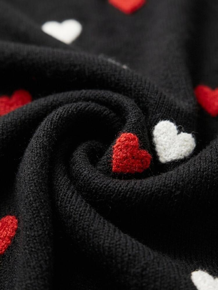 SHEIN Heart Pattern Knit Sweater & Wide-Leg Pants Co-Ord Set – Romantic Soft Knit Lounge Two Pieces With Scattered Red And White Hearts, Relaxed Crewneck Pullover And Comfortable High-Waist Straight Leg Trousers - Black - View 3