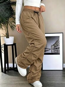 SHEIN 青少年女孩休閒寬鬆百搭美式街頭風酷感抽褶工裝直筒長褲 校園卡其色秋季 - 卡其色 - 查看 1