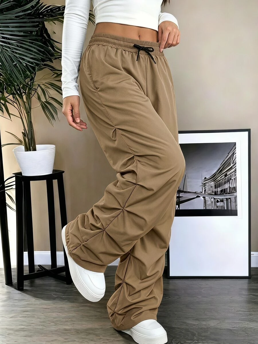 SHEIN 青少年女孩休閒寬鬆百搭美式街頭風酷感抽褶工裝直筒長褲 校園卡其色秋季 - 卡其色 - 查看 1