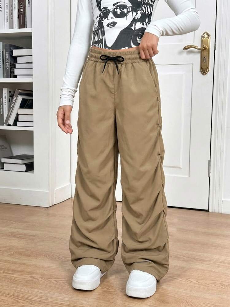 SHEIN Tween Girls Casual Baggy All-Match Versatile American Street Style Cool Ruched Cargo Straight Leg Pants School Khaki Autumn - Khaki - View 5