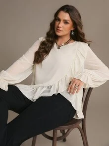 Freevana Women Elegant Ivory Ruffle Chiffon Blouse, Long Sleeve Sheer Layered Top Romantic Boho Bohemian - Cream - View 7
