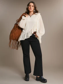 Freevana Women Elegant Ivory Ruffle Chiffon Blouse, Long Sleeve Sheer Layered Top Romantic Boho Bohemian - Cream - View 8