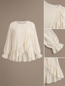 Freevana Women Elegant Ivory Ruffle Chiffon Blouse, Long Sleeve Sheer Layered Top Romantic Boho Bohemian - Cream - View 9