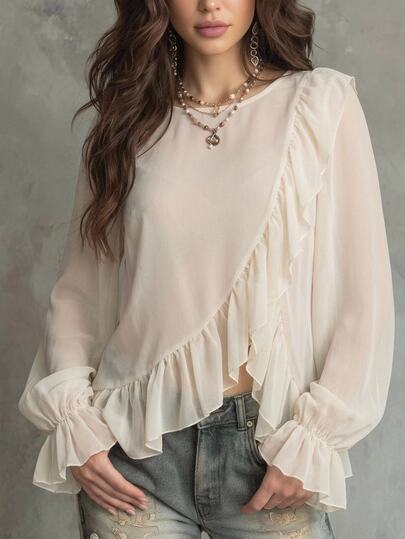 Freevana Women Elegant Ivory Ruffle Chiffon Blouse, Long Sleeve Sheer Layered Top Romantic Boho Bohemian