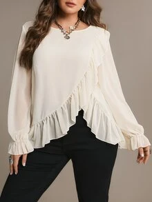 Freevana Women Elegant Ivory Ruffle Chiffon Blouse, Long Sleeve Sheer Layered Top Romantic Boho Bohemian - Cream - View 4