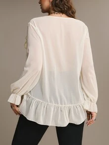 Freevana Women Elegant Ivory Ruffle Chiffon Blouse, Long Sleeve Sheer Layered Top Romantic Boho Bohemian - Cream - View 3