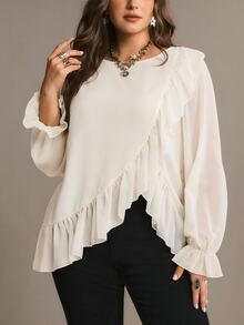 Freevana Women Elegant Ivory Ruffle Chiffon Blouse, Long Sleeve Sheer Layered Top Romantic Boho Bohemian - Cream - View 6
