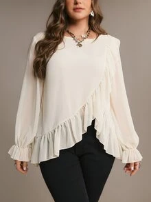 Freevana Women Elegant Ivory Ruffle Chiffon Blouse, Long Sleeve Sheer Layered Top Romantic Boho Bohemian - Cream - View 5