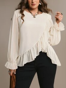 Freevana Women Elegant Ivory Ruffle Chiffon Blouse, Long Sleeve Sheer Layered Top Romantic Boho Bohemian - Cream - View 2
