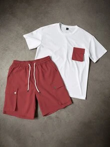 Manfinity Homme Men's Contrast Color Round Neck Drop Shoulder Short Sleeve Casual Loose T-Shirt Set Red And White Shorts Sets For Men Men Color Block Sets - Multicolor - View 6